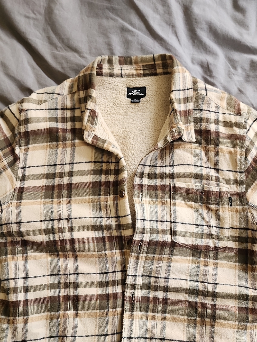 O'Neill Cream & Brown Plaid Sherpa-Lined Shirt Jacket